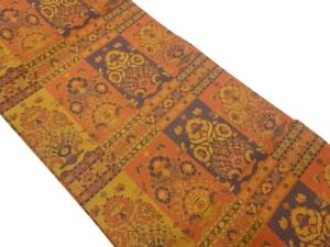 変わり格子に抽象生花模様織出し名古屋帯